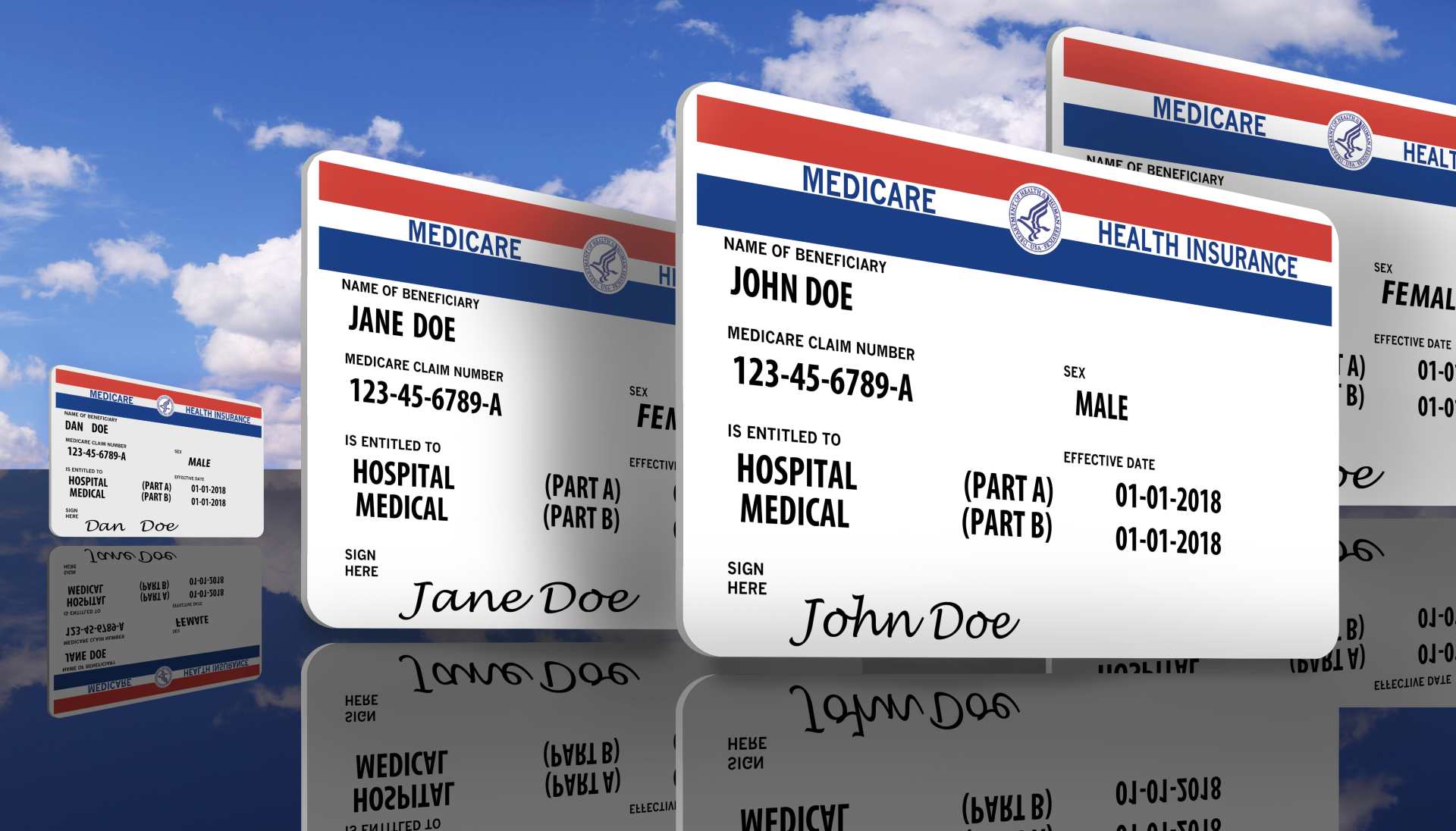 Multiple Medicare ID cards displayed together, representing enrollment, eligibility, and policy updates affecting seniors in 2026.