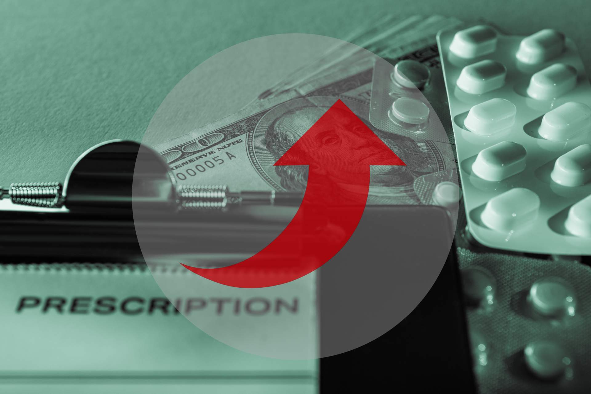 Prescription drug costs rising in 2026, shown by medication blister packs and a wallet with an upward arrow.