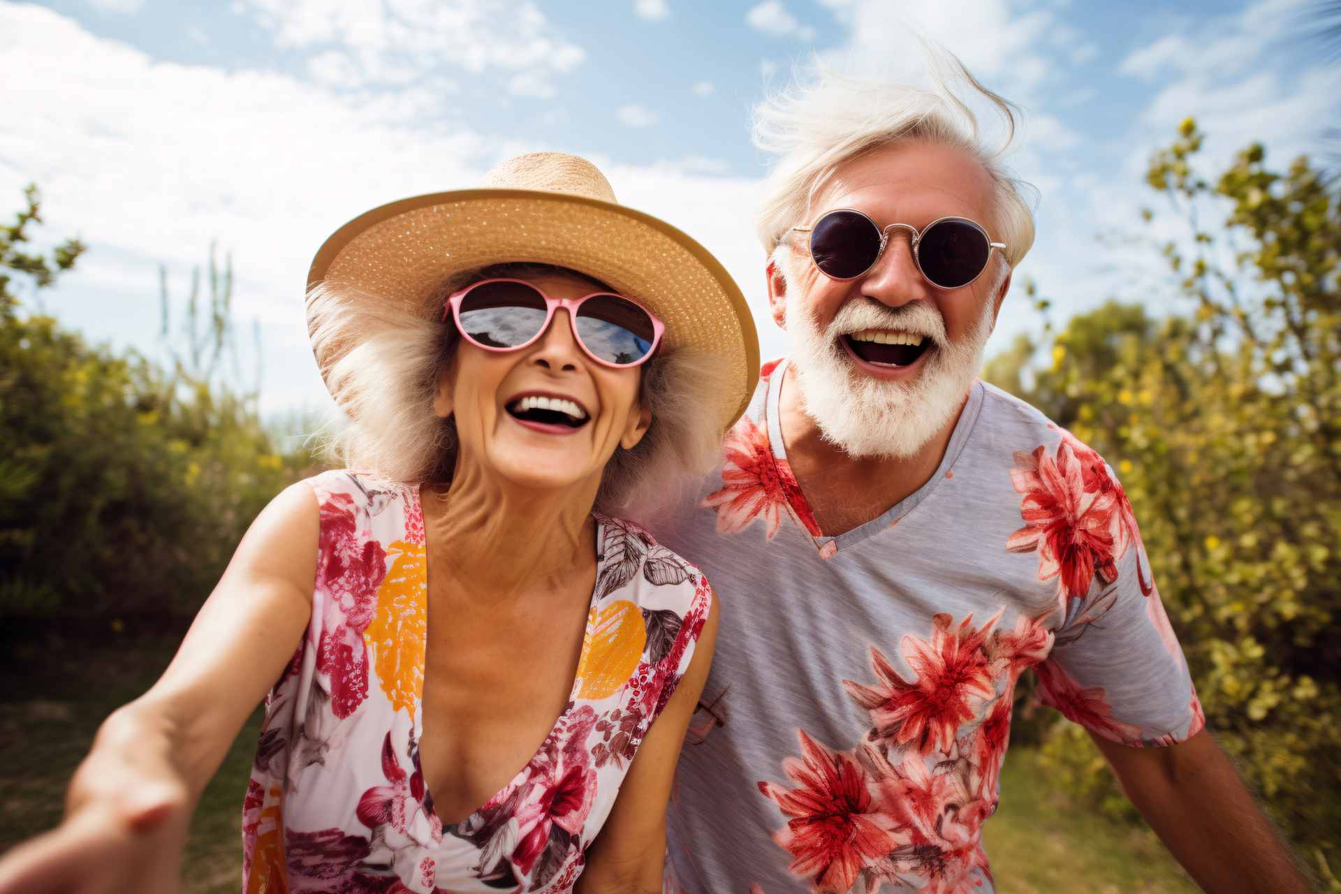 Senior couple walking in the park for energy and health.