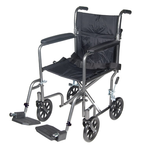 19” Lightweight Steel Transport Wheelchair – Silver Vein Frame with Fold-Down Back & Swing-Away Footrests